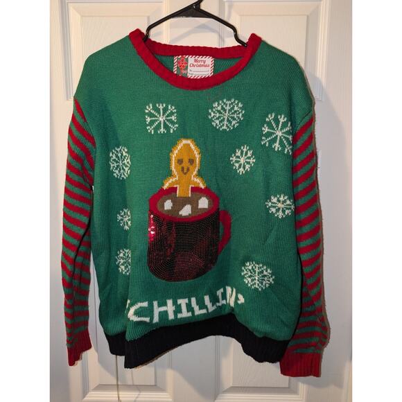Ugly Christmas Sweater #CHILLIN Size Large Merry Christmas 100% Acrylic Merry - Picture 1 of 8